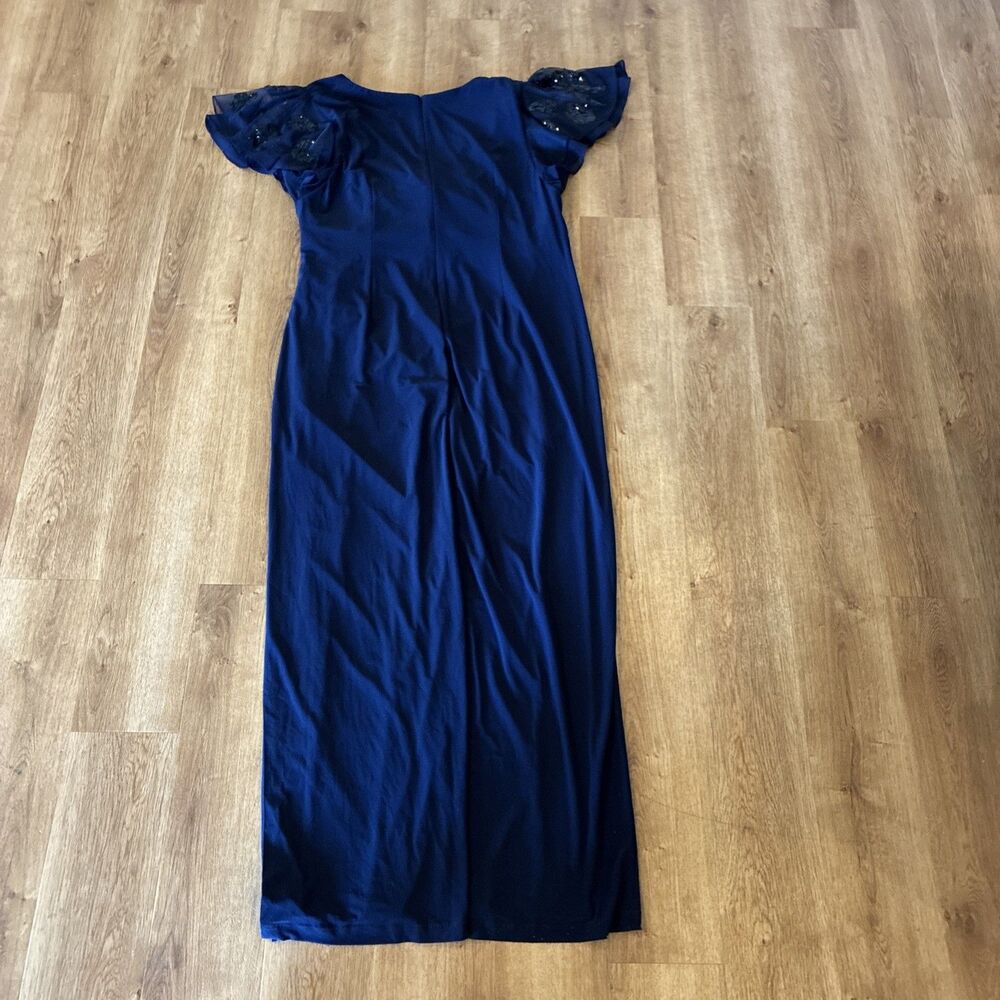 Betsy Adam Navy Blue V Neck Formal Maxi Dress Size 16W Flutter Sequin Sleeve
